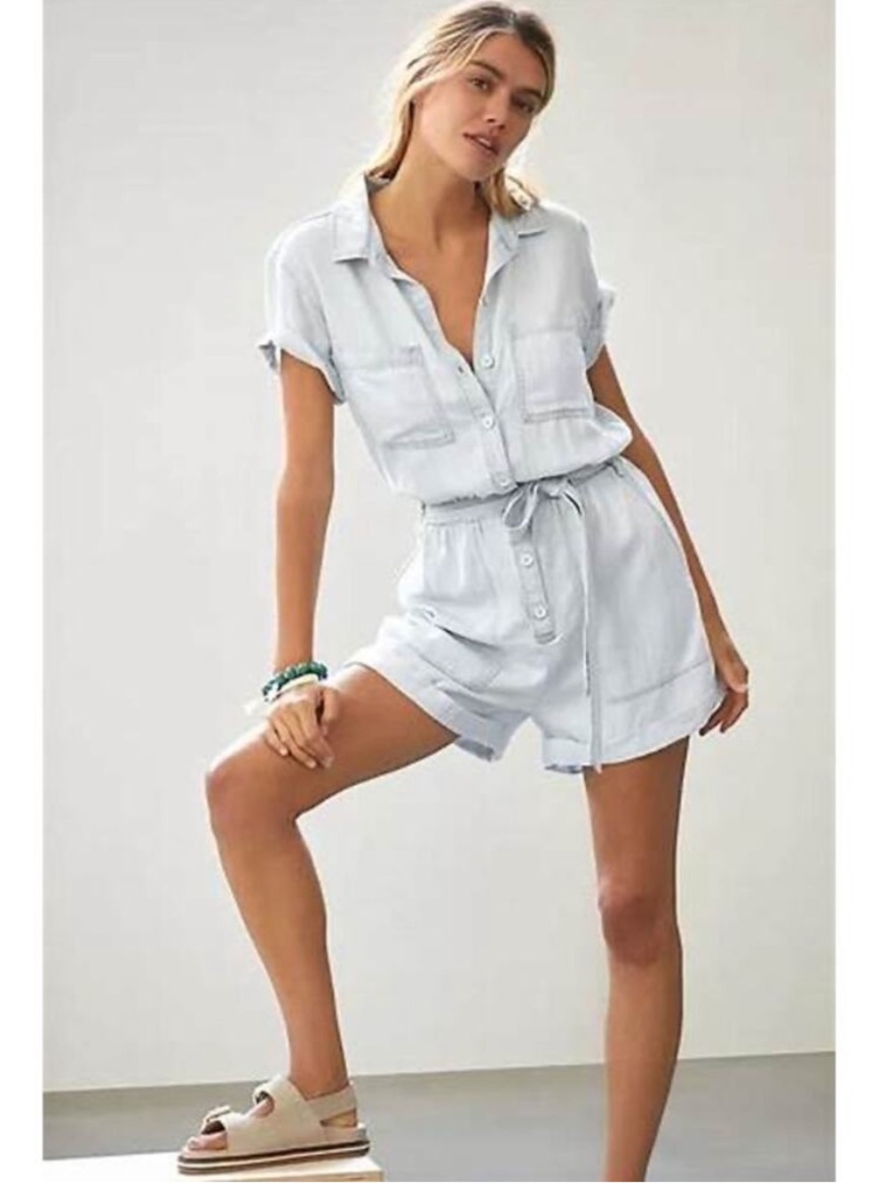 Anthropologie Cloth & Stone Light Wash Rolled Hem Belt Chambray Tencel Romper S